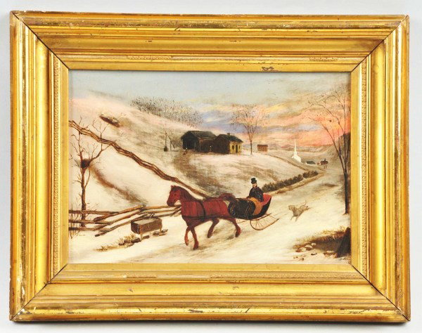 Oil on Canvas of Snow Scene.: O/C. SLR and dated 1872 (American). Snow scene of a man in top hat in horse-drawn sleigh with dog running alongside, houses and steepled church in background. Vintage frame has some losses. Size: Fram