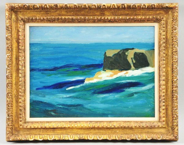 Oil on Board "Seascape" by Yarnell Abbott.: O/B. Signed verso Yarnell Abbott (American/ California, 1837 to 1938), label on back of canvas board has patent date of March 18, 1879. Old gilt frame. Provenance: Dr. Reginald Gold Collection. Size: