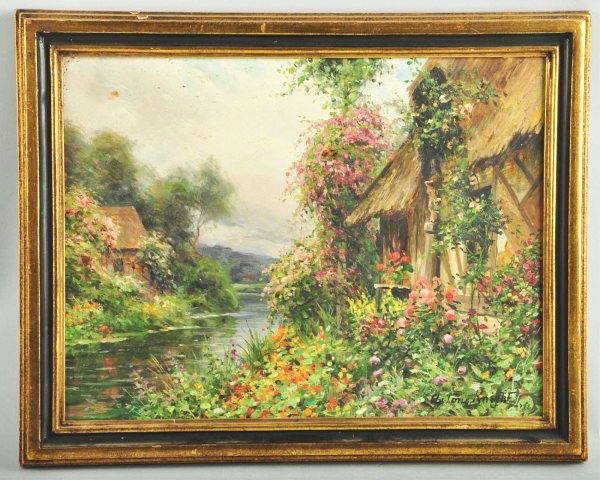 Aston Knight Oil on Board Painting of Cottage.: Framed. Depicts a cottage and gardens. Size: Framed: 16" x 12 - 3/4".