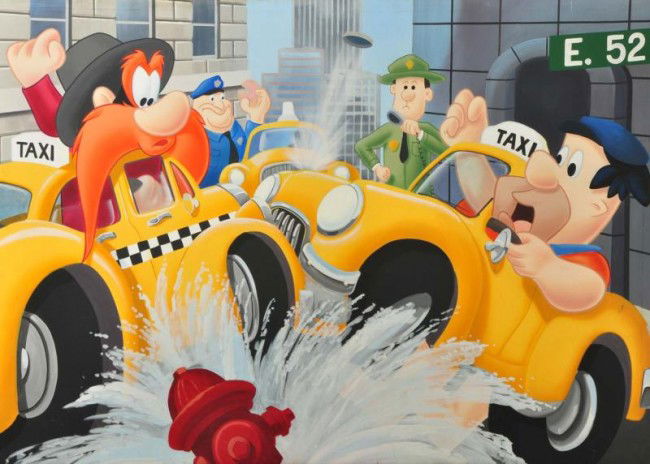 Warner Brothers Street Scene.: Limited production. With Fred Flintstone and Yosemite Sam. Provenance: From the wall of a Warner Brothers office in California. Size: 60" x 43". CORRECTION - Came from the flagship store located on 4