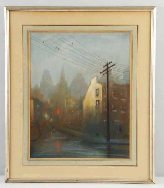 Pastel on Paper by Leon Louis Dolice.: "Edgar Allen Poe's Townhouse at Twilight". Leon Louis Dolice (Austrian American, 1892 to 1960). A hauntingly moody depiction of Edgar Allen Poe's townhouse in Philadelphia at twilight with the citysca