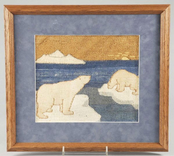 Small Grenfell Hooked Mat.: Mounted behind a purple suedo mat within a contemporary molded oak frame, depicting polar bears on ice flows. Not examined out of frame. Size: Framed: 16" x 17 - 3/4".