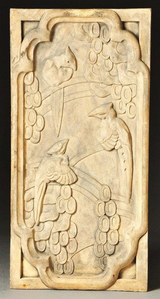 Large Faience Tile.: Unglazed, light terracotta tile depicting birds on branches amongst stylized florals. In a decorative gothic shaped clay frame. Impressed 30 appears to be a Rookwood form number. Size: 24 - 1/2" x 12"