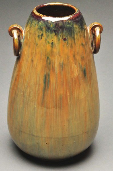 Fulper Ring Handled Vase.: Has a later Fulper mark, great drip glaze and is drilled for a lamp. Size: 22" T.