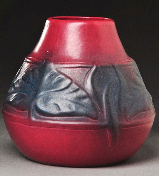 Large Van Briggle Squat Vase.: Circa early 1920s. In a mulberry and blue with glaze over bottom. Size: 9 - 3/4" T.