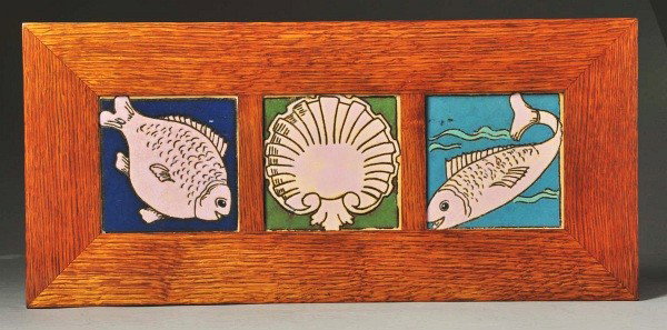 Lot of 3: Mosaic Tile Company Tiles.: Contemporary oak frame. Includes two fish and one seashell. Size: Framed: 25" x 11 - 1/2".