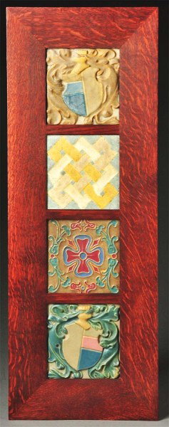 Lot of 4: Decorative Rookwood Faience Tiles.: Varying from three to five colors. Very minor chips to high points. In a contemporary oak frame. Size: Framed: 31 - 1/4" x 11 - 3/4".