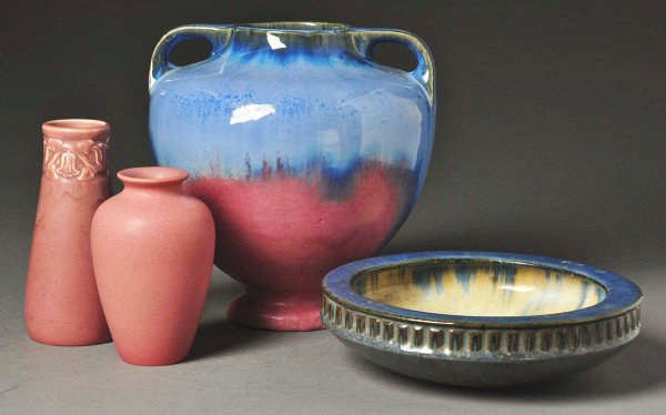 Lot of 4: Pottery Pieces.: Includes two pieces of Rookwood and two Fulper pieces. The first Rookwood is a 1927 vase with a bell flower decoration in mauve, the second is 1922 Baulster shape in mauve. The first Fulper piece is a