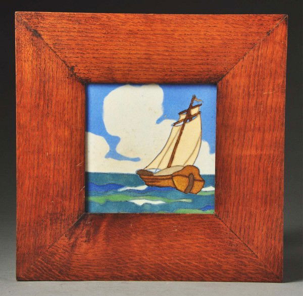Flint Tile Co. 7-Color Faience Tile.: High glaze tile depicting a sail boat at sea. In a contemporary oak frame. Size: Framed: 12" x 11 - 3/4".
