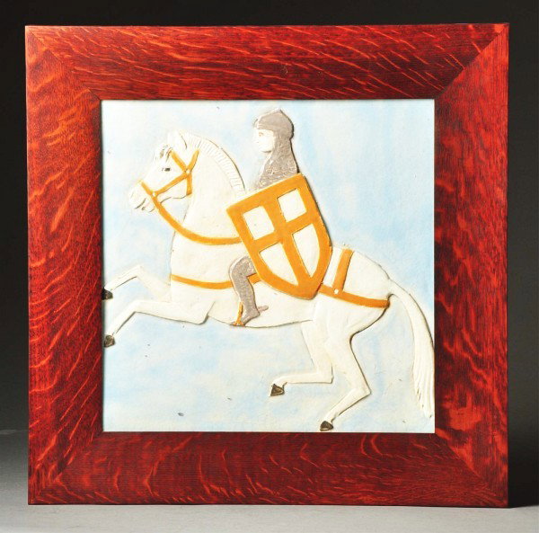 Large 4-Color Faience Tile.: Depicts a knight with shield on rearing horse. In a signed Dard Hunter Studios frame. Size: Framed: 19 - 1/2" x 19 - 1/2".