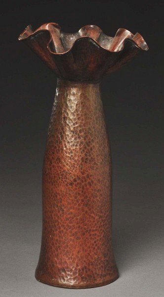 Stickley Brothers Vase.: Hammered copper with flaring ruffled rim. Form 155 impressed in bottom. Clean with nice patina. Size: 11 - 1/2" T.