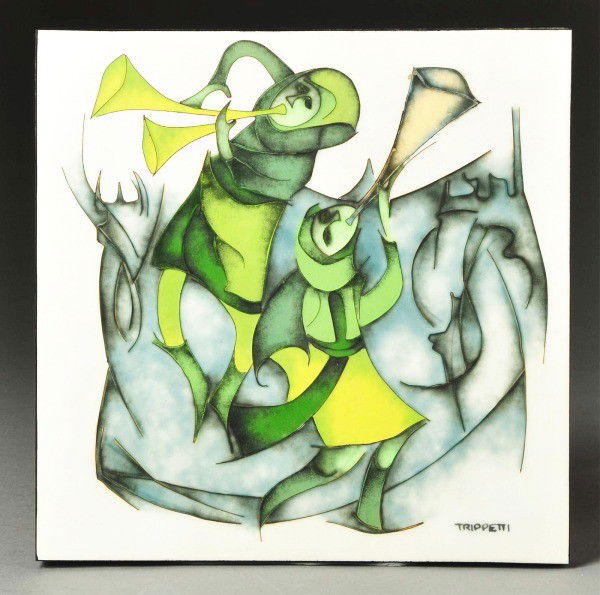 Joseph Trippetti Silver Wire Cloisene.: Depicts two horn players amidst a stylized background. Mounted on fiberboard. Size: 10" x 10".
