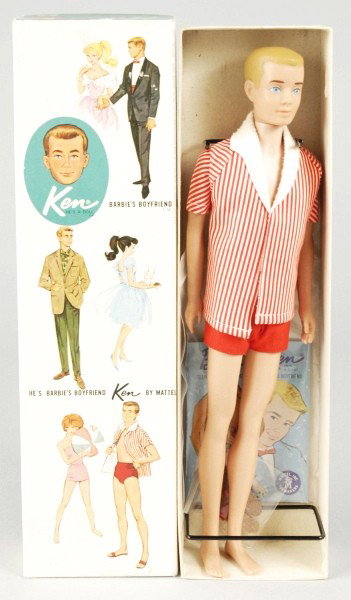 Blonde Painted Hair Ken Doll in Box.: 2nd version of Ken doll wearing original beach jacket and swim trunks. Black wire stand and booklet included. Size: