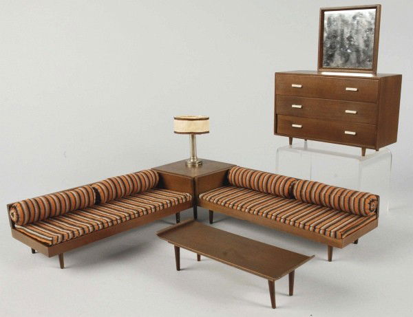 Lot of 3: Mattel Modern Furniture Sets.: Includes set with dresser and mirror, studio set with two beds, one table, and one lamp, and set with coffee table. Dated 1958, and sized to fit 8" to 10 - 1/2" dolls. (Mint in box with some minor wea