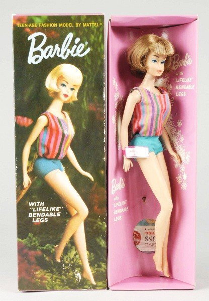 American Girl Barbie Doll in Box.: 1966 long haired American Girl doll with chestnut colored hair, box hair color is marked "Titian". Doll has original swimsuit and wrist tag. Doll appears to have been never removed. Very pretty exampl
