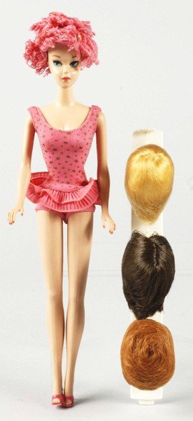 Miss Barbie Doll with Original Accessories.: 1964 bendable leg Miss Barbie with sleep eyes. Wearing original swimsuit with swim cap. Includes three wigs on wig stand, lawn swing, booklet, and shoes. (Doll has typical melt mark at forehead, other