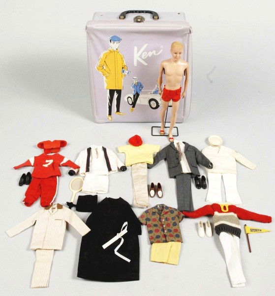 Ken Doll & Case Lot.: 1961 Ken doll in original lavender vinyl case with nine near complete fashions. Sailor (no duffle bag) Sleeper set, Time for Tennis (no book), Saturday Date (complete), Casuals (complete), Touchdown (