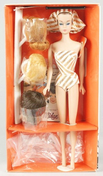 Fashion Queen Barbie Doll in Box.: 1963 molded hair Barbie doll in original swimsuit with turban. Includes set of three wigs on stand, posing stand, booklet in cellophane with shoes, and pearl earrings. (Near mint, tiny dot of green on