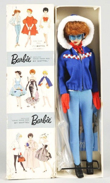 Dressed Box Doll Titian Bubble Cut in Ski Queen.: 1961 titian bubble cut Barbie doll with red lips wearing complete "Ski Queen" fashion. (Excellent condition, doll has greasy face and box with some damage). Size: