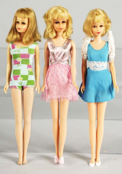 Lot of 3: Francie Dolls.: 1966 Blonde Bend leg Francie doll in original swimsuit (Excellent, pale spot at forehead). Hair Happenin's Francie doll, original dress (Excellent). Francie with Growin' pretty hair in original dress 