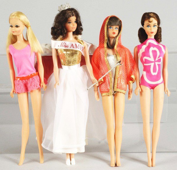 Lot of 4: Mod Barbie Dolls Including Miss America: Twist 'n Turn Barbie doll with brunette flip wearing original swimsuit. Twist 'n Turn PJ doll wearing original swimsuit, brunette Living Barbie doll in original swimsuit, and Walk Lively Miss America 