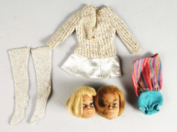 Two American Girl Barbie Doll Heads.: Two 1965 Bend leg American Girl Barbie doll heads, Brassy Strawberry Blonde, and Platinum. One American girl swimsuit. Lot also includes Salute to Silver Fan Club dress from 1970. Size: