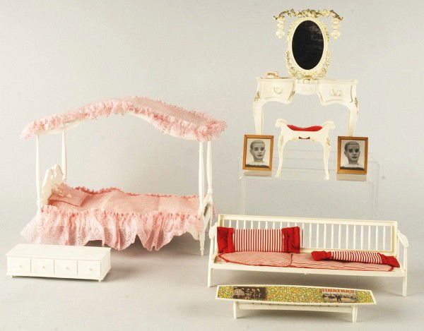 Lot of Suzy Goose Barbie Furniture.: Barbie four poster bed in box, vanity with rug and stool by Suzy Goose Co., and Go Together Barbie furniture including sofa and coffee table. Size: