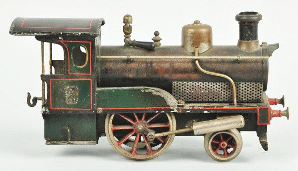 Bing Gauge 2 Stork Leg Train Engine.: German. Live steam motor. Missing headlight and some slight burning to sides. Size: