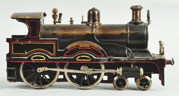 Bing Gauge 2 Live Steam No. 4000 Train Locomotive: German. 4-4-0 wheel alignment. English style and handpainted. Minor paint chipping and wear. Missing tender. Size: