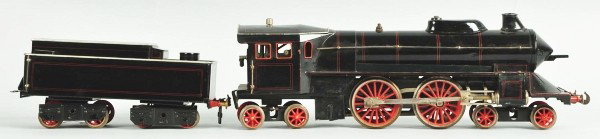 Bing Gauge 1 Live Steam Windcutter Loco & Tender.: German. Locomotive and tender are completely restored. Locomotive with missing headlight and tender missing two wheels. Overall a nice-looking set with nice restoration. Size:
