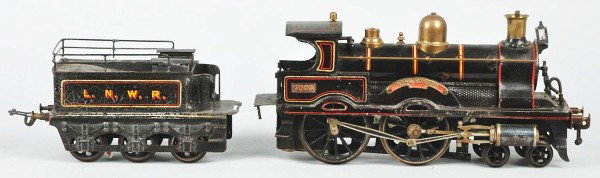 Bing Live Steam King Edward Engine & Tender.: German. Gauge 3. 4-4-0 wheel configuration. Classic English style engine with brass sand domes and smoke stacks. Locomotive has plate number "7093" and also marked "King Edward" on side. Tender marked
