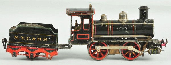 Marklin Gauge 1 Steam-Type Locomotive & Tender.: German. Clockwork engine with "NYC" and "HR" tender. Missing two marker lights and headlight. Some paint chipping and wear and tender missing two sets of wheels. Size: