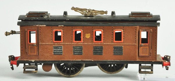 Marklin Gauge 1 Electric-Style Train Locomotive.: German. Clockwork motor and operating pantograph. Engine marked number "1031". Some alligatoring to paint and roof with minor paint wear and touchup. Motor is loose. Size:
