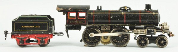 Marklin No. E65 13041 Engine & PA Lines Tender.: German. Gauge 1. Electric motor. Some alligatoring to lithography and some overall paint chipping and wear, especially to engine cab. Size: