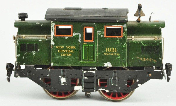 Marklin No. 1031 New York Central Train Engine.: German. Circa 1920s. Gauge 1. 0-4-0 wheel alignment. Some slight denting and paint chipping, one side frame is loose, and missing one headlight. Size: