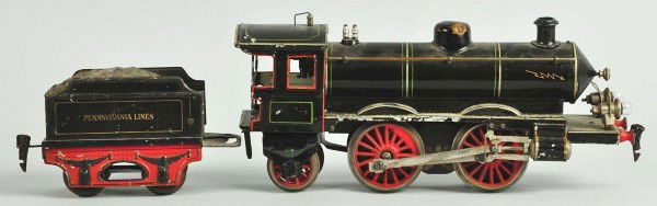 Marklin Gauge 1 Steam Locomotive & Tender.: German. Handpainted Pennsylvania Lines electric tender with unusual 0-4-2 wheel alignment on engine. Denting on sand dome, dent to left side of roof cab, and paint flaking near frame. Size: