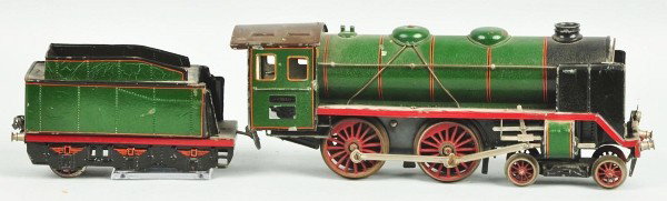 Marklin Gauge 1 Steam-Type Locomotive & Tender.: German. Circa 1920s. Clockwork motor. Some paint chipping on engine and slight alligatoring to paint on tender. Tender missing two wheels. Size:
