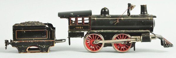 Marklin Gauge 1 Clockwork Steam-Type Train Engine: German. American profile with cowcatcher. Engine marked number "1031". Includes tender. Engine is missing headlight, has one dent to back of cab, and some paint chipping throughout. Tender is missing 