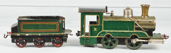 Marklin Gauge 2 Live Steam Locomotive & Tender.: German. Handpainted. Six wheel tender and rare engine marked "II". Minor wear to tender, flaking to coal load, some burning to sides of engine, and missing one sand dome. Size: