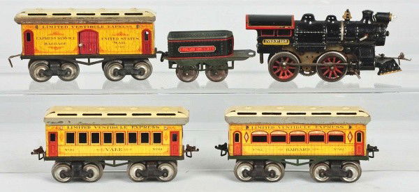 Ives Harvard & Yale Passenger Train Set.: American. O gauge. Cast iron 1118 electric American Steam profile engine, LVE 11 lithographed tin tender with fading to one side, tin 60 baggage car with some paint flaking to roof, tin 62 Harvard, an