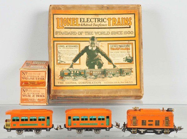 Lionel O Gauge No. 292 Train Set.: American. Pre-war. Includes orange 248 electric engine, 629 pullman car, and 630 observation car. Set has a lot of wear throughout. Includes original set box and individual boxes. Size: