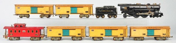 American Flyer Los Angeles County Fair Train Set.: Circa 1930. Standard gauge. Includes 4693 tri-valve steam engine with 4671 tender, 4021 caboose, and five 4018 boxcars with professional handpainted Los Angeles County Fair product advertisement lette
