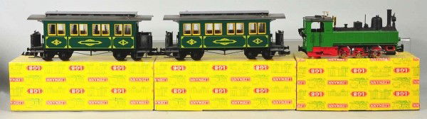 Lehmann LGB Passenger Train Set.: German. Set includes 2073 European outline 0-6-2 electric engine with integral tender and two 3060 passenger coaches. Includes original boxes. Provenance: The Ward Kimball Collection. Size: