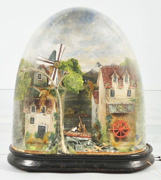 Automation Toy under Glass Dome.: European. Depicts a boat rocking near a windmill. Size: