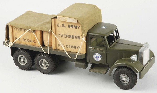 Lot of 2: Pressed Steel Army Material Trucks.: Includes a Smith-Miller MIC Fred Thompson reissued Army materials truck, original and complete, and an L Mack materials truck with original paint, repaired bumper, and new canvas and load. Size: Large
