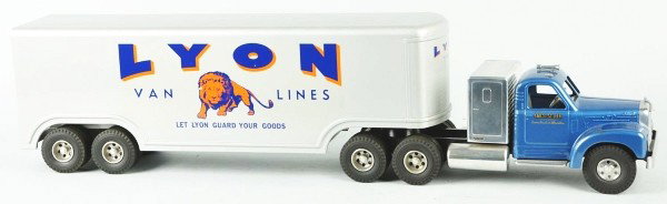Pressed Steel Lyon Van Lines Work Truck Toy.: Fred Thompson Smith-Miller. Tractor trailer variation. Very little wear overall. Includes original box. Size: 35 - 1/2" L.