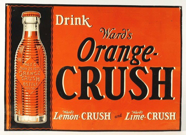 Tin Ward's Orange, Lemon, & Lime Crush Sign.: 1920s. New old stock. Nicely embossed with great graphics and wonderful 1920 bottle. A number of light shallow crimps, bends, and a few minor marks. Displays very well. Size: Framed: 26 - 1/2" x 19".