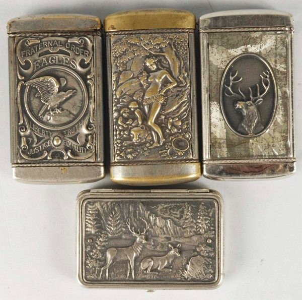 Lot of 4: Early Advertising Match Safes.: Includes two with deer scenes, one with pretty lady, and one with eagle. Size: Largest: 3 - 1/2" T. Condition: (Excellent).