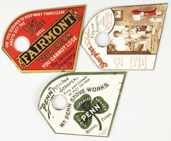 Lot of 3: Advertising Pot Scrapers.: Includes Penn Stoves, Sharples, and Fairmont. Size: Each: 3 - 1/4" L. Condition: (Very Good - Excellent).