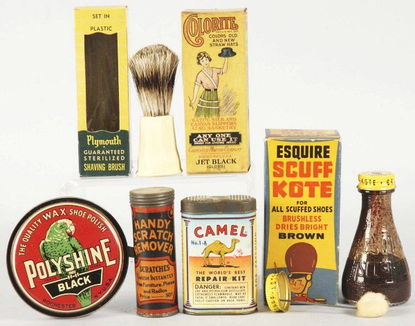 Lot of 6: Assorted Product Tins.: Includes Polly Parrot Polyshine black shoe polish, Camel repair kit, Handy Scratch Remover, and several other tins. Size: Largest: 5" T. Condition: (Very Good - Excellent).